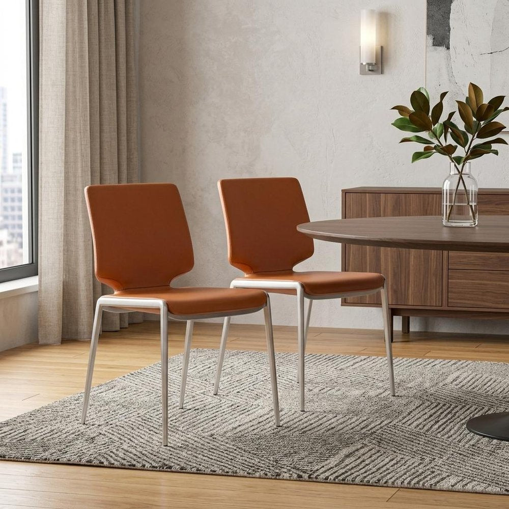 Set of Two Terra Cotta And Silver Upholstered Faux Leather Dining Side Chairs HomeRoots