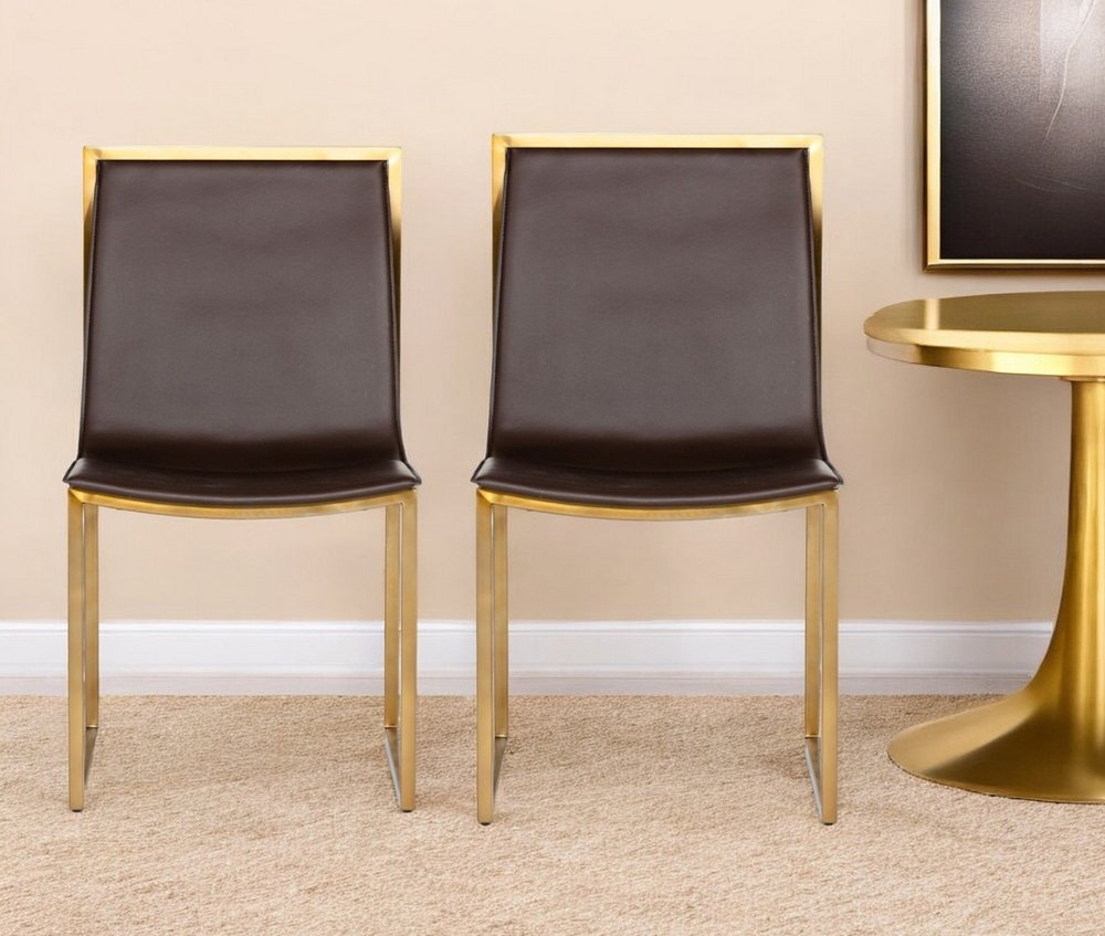 Set of Two Brown And Brass Upholstered Faux Leather Dining Side Chairs HomeRoots