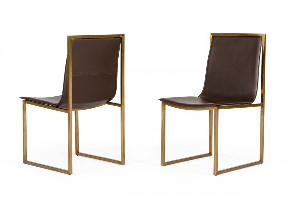 Set of Two Brown And Brass Upholstered Faux Leather Dining Side Chairs HomeRoots