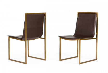 Set of Two Brown And Brass Upholstered Faux Leather Dining Side Chairs HomeRoots