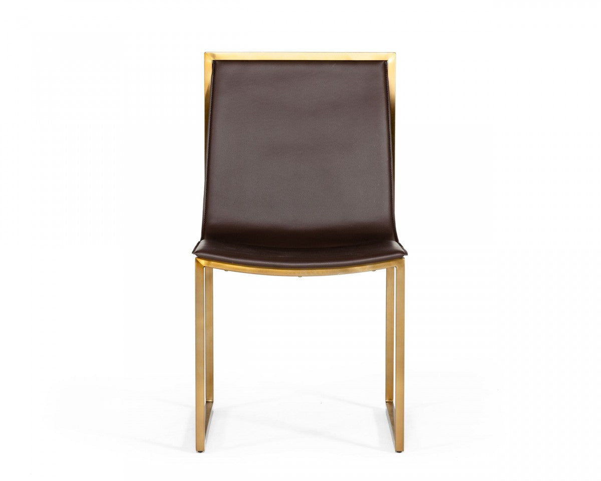 Set of Two Brown And Brass Upholstered Faux Leather Dining Side Chairs