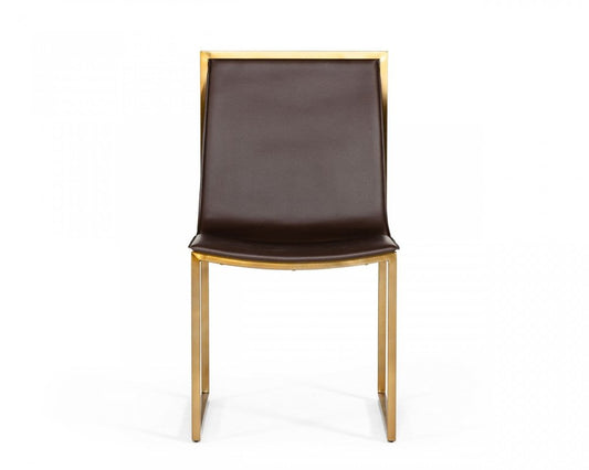 Set of Two Brown And Brass Upholstered Faux Leather Dining Side Chairs HomeRoots