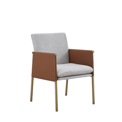 Light Gray And Antiqued Brass Upholstered Fabric Dining Arm Chair HomeRoots