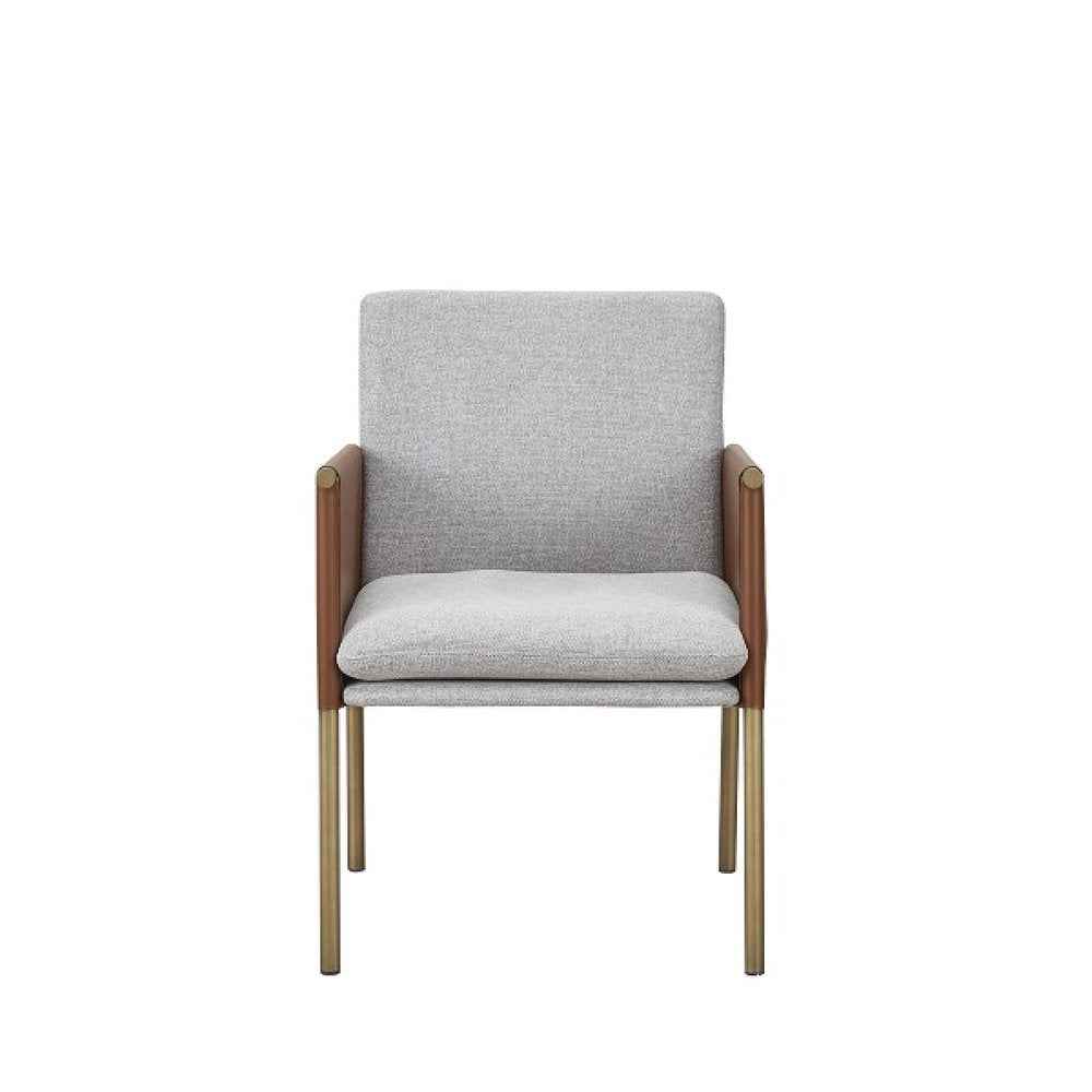 Light Gray And Antiqued Brass Upholstered Fabric Dining Arm Chair HomeRoots