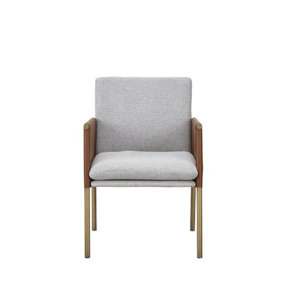 Light Gray And Antiqued Brass Upholstered Fabric Dining Arm Chair HomeRoots