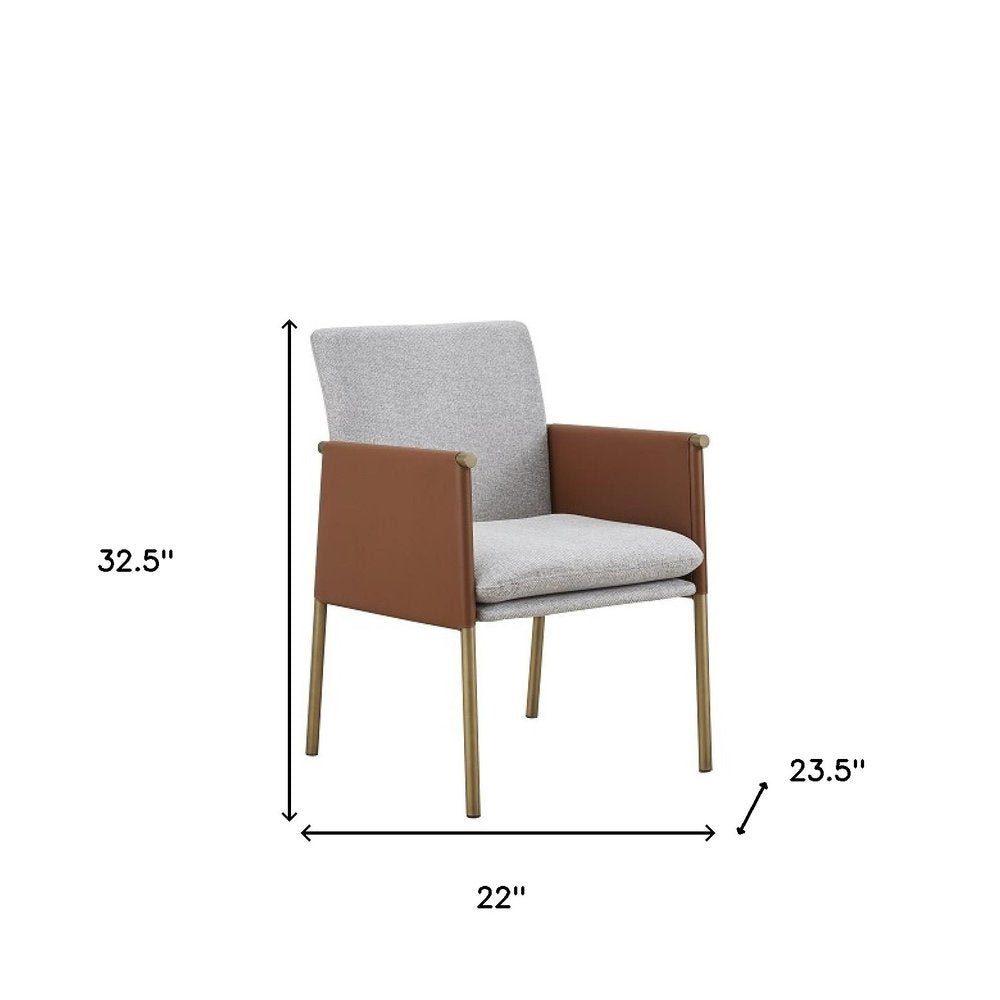 Light Gray And Antiqued Brass Upholstered Fabric Dining Arm Chair HomeRoots