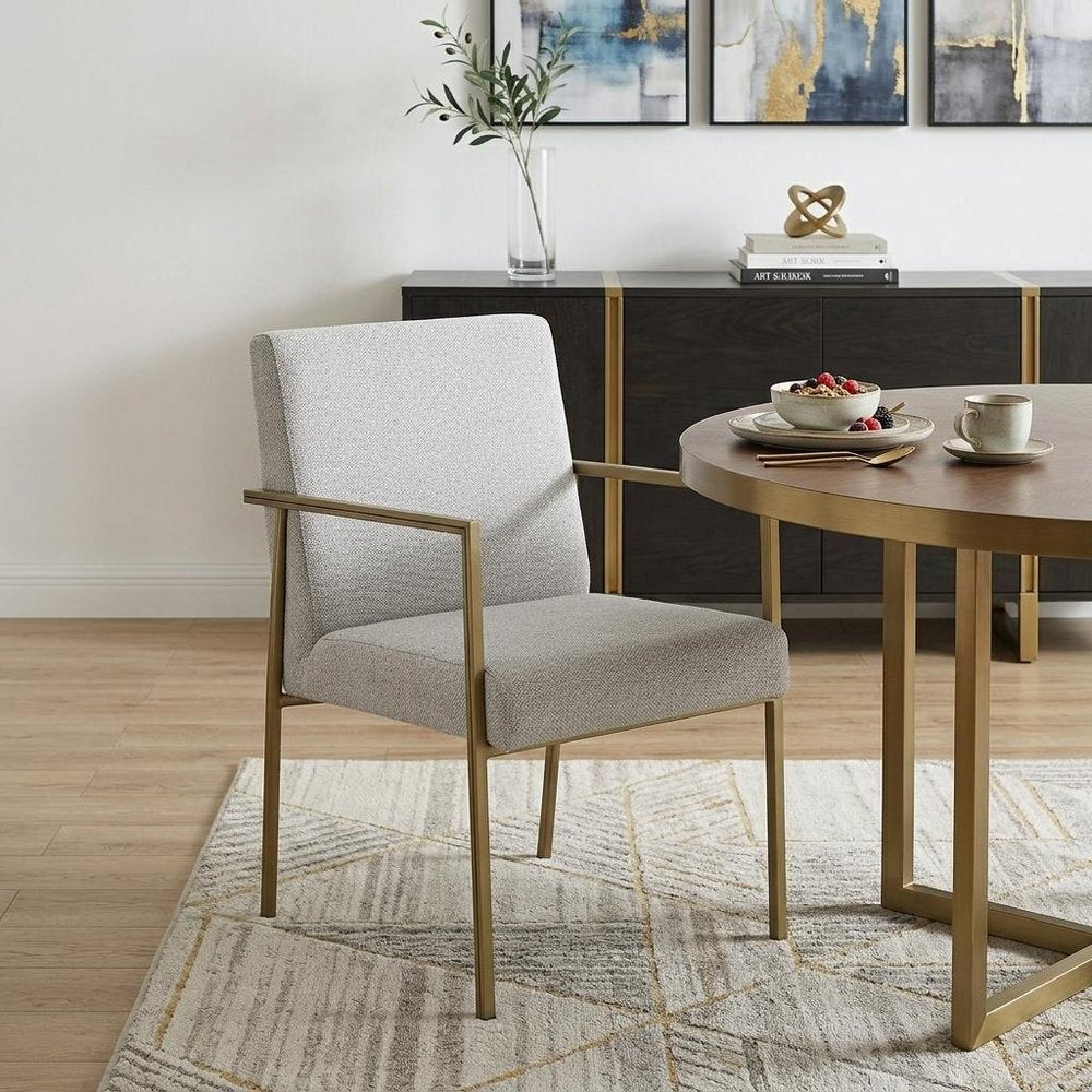 Light Gray And Brass Upholstered Fabric Dining Arm Chair HomeRoots