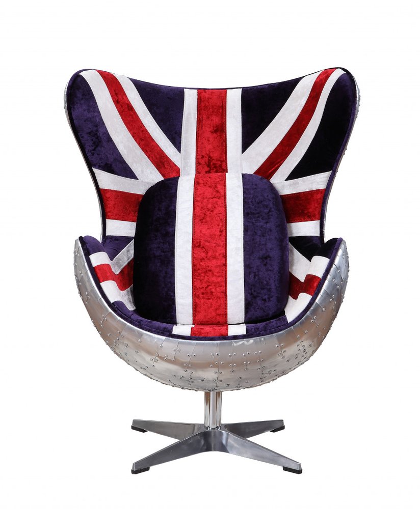 33" Red White Blue and Silver Fabric Great Britain Flag Swivel Balloon Chair HomeRoots