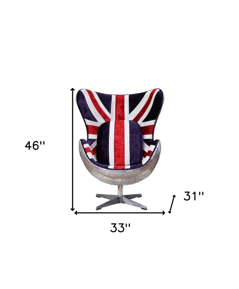 33" Red White Blue and Silver Fabric Great Britain Flag Swivel Balloon Chair HomeRoots