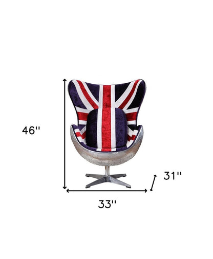 33" Red White Blue and Silver Fabric Great Britain Flag Swivel Balloon Chair HomeRoots