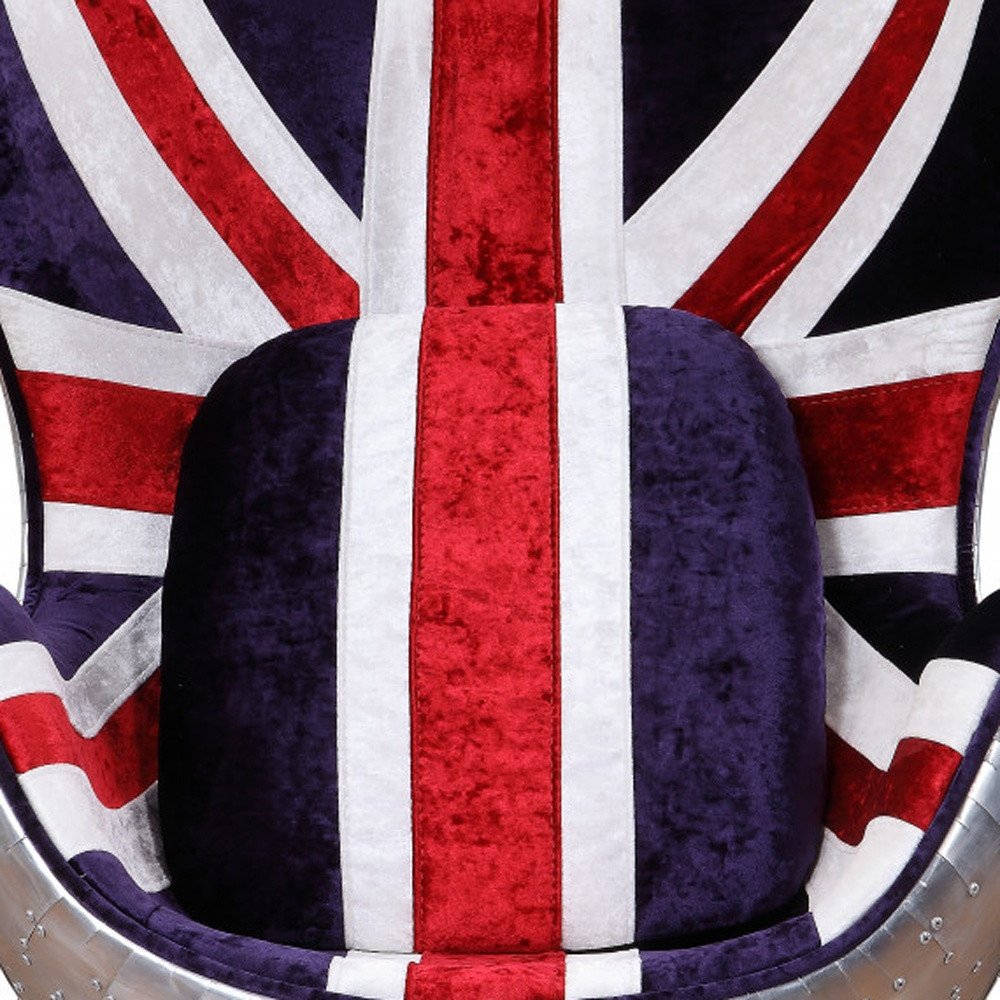 33" Red White Blue and Silver Fabric Great Britain Flag Swivel Balloon Chair HomeRoots