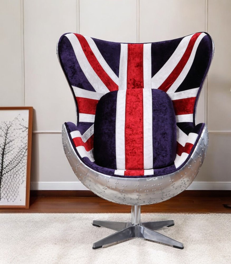 33" Red White Blue and Silver Fabric Great Britain Flag Swivel Balloon Chair HomeRoots
