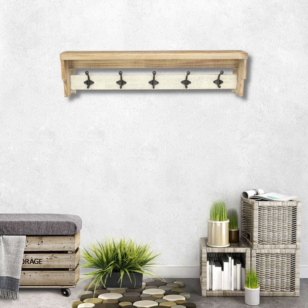32" Natural Wood Five Hook Wall Mount Coat Rack HomeRoots