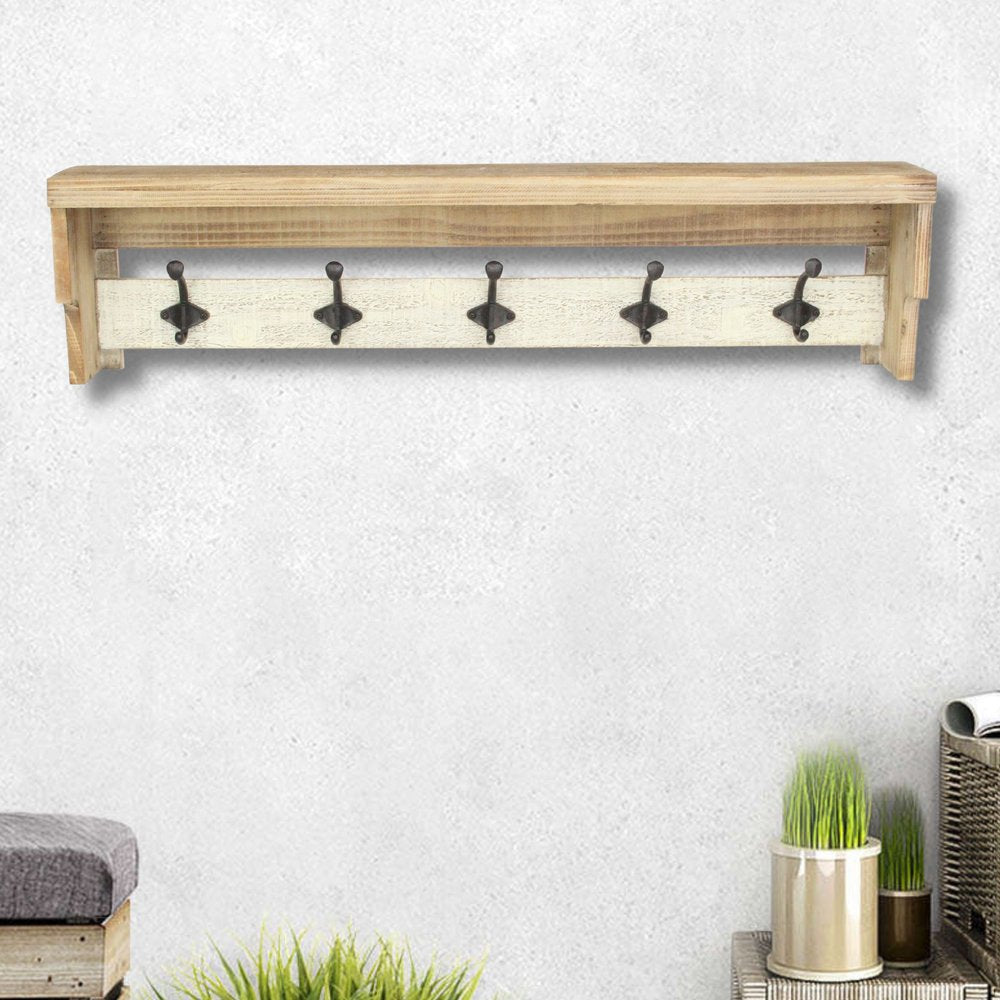 32" Natural Wood Five Hook Wall Mount Coat Rack HomeRoots