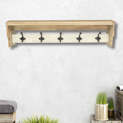 32" Natural Wood Five Hook Wall Mount Coat Rack HomeRoots