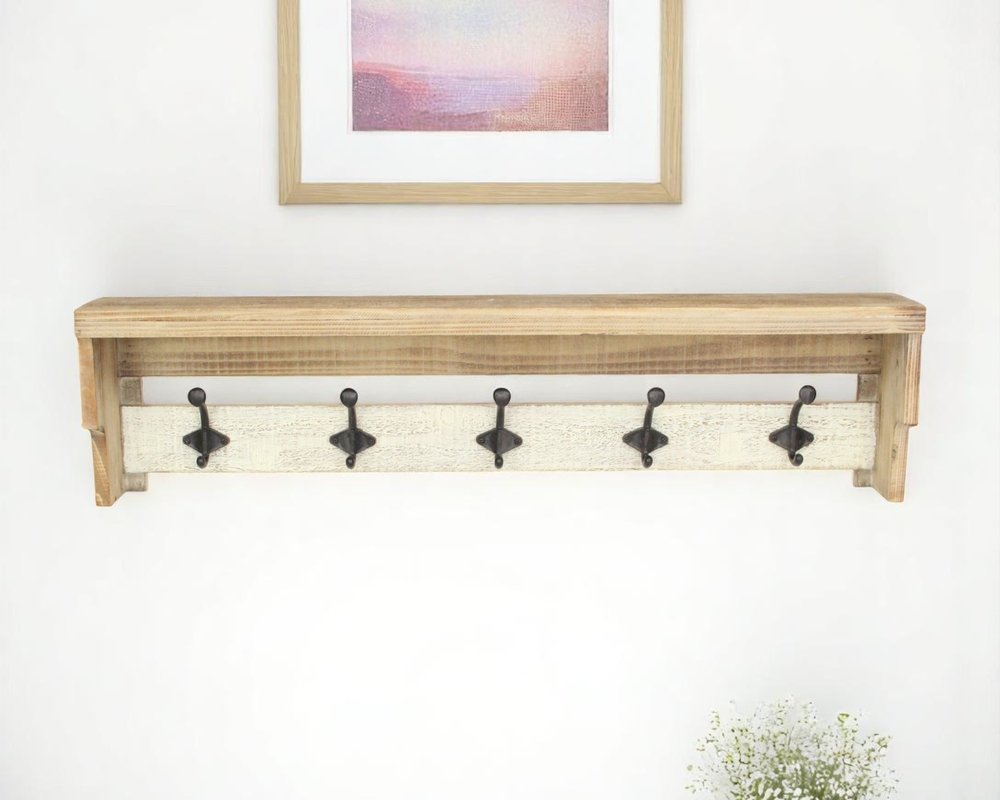 32" Natural Wood Five Hook Wall Mount Coat Rack HomeRoots