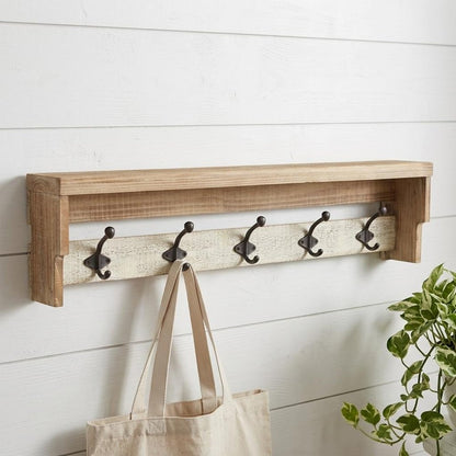 32" Natural Wood Five Hook Wall Mount Coat Rack HomeRoots