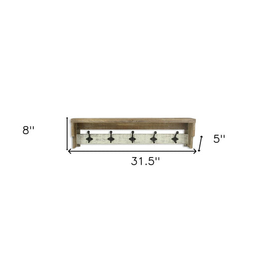 32" Natural Wood Five Hook Wall Mount Coat Rack