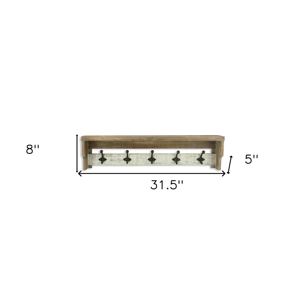 32" Natural Wood Five Hook Wall Mount Coat Rack HomeRoots