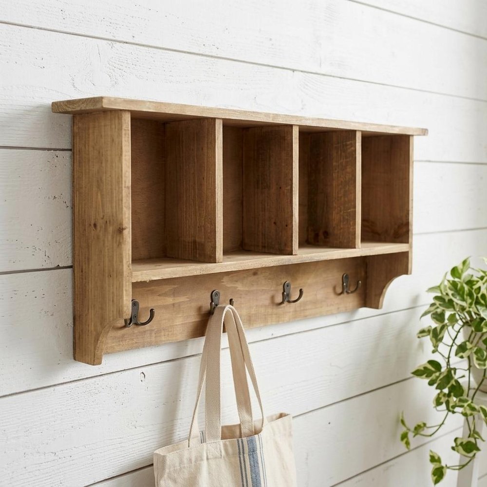 30" Natural Wood Four Hook Wall Mount Coat Rack HomeRoots