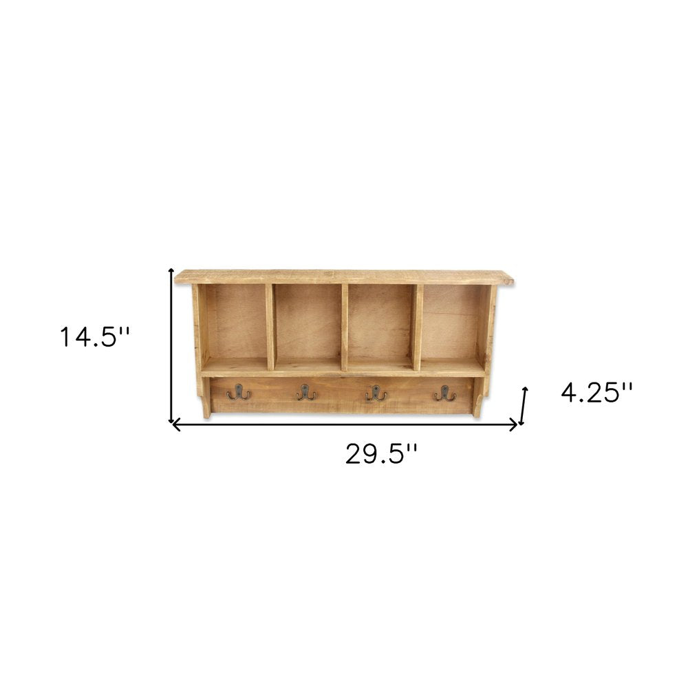 30" Natural Wood Four Hook Wall Mount Coat Rack HomeRoots