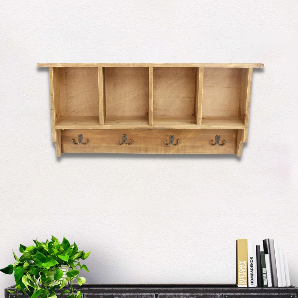 30" Natural Wood Four Hook Wall Mount Coat Rack HomeRoots