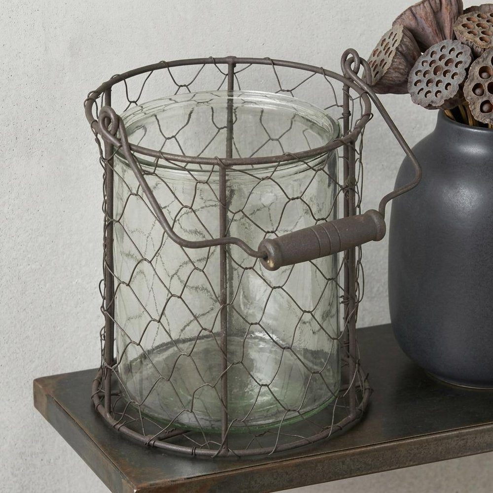 6" Brown and Clear Wire Basket and Glass Jar HomeRoots