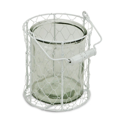 6" White and Clear Wire Basket and Glass Jar HomeRoots