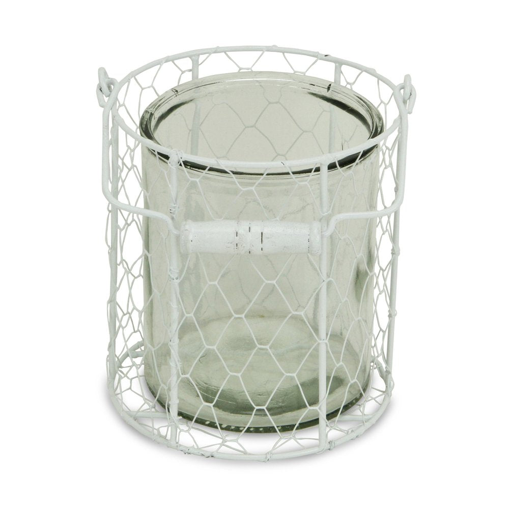 6" White and Clear Wire Basket and Glass Jar HomeRoots