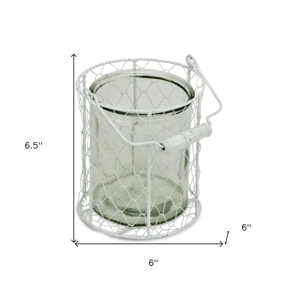 6" White and Clear Wire Basket and Glass Jar HomeRoots