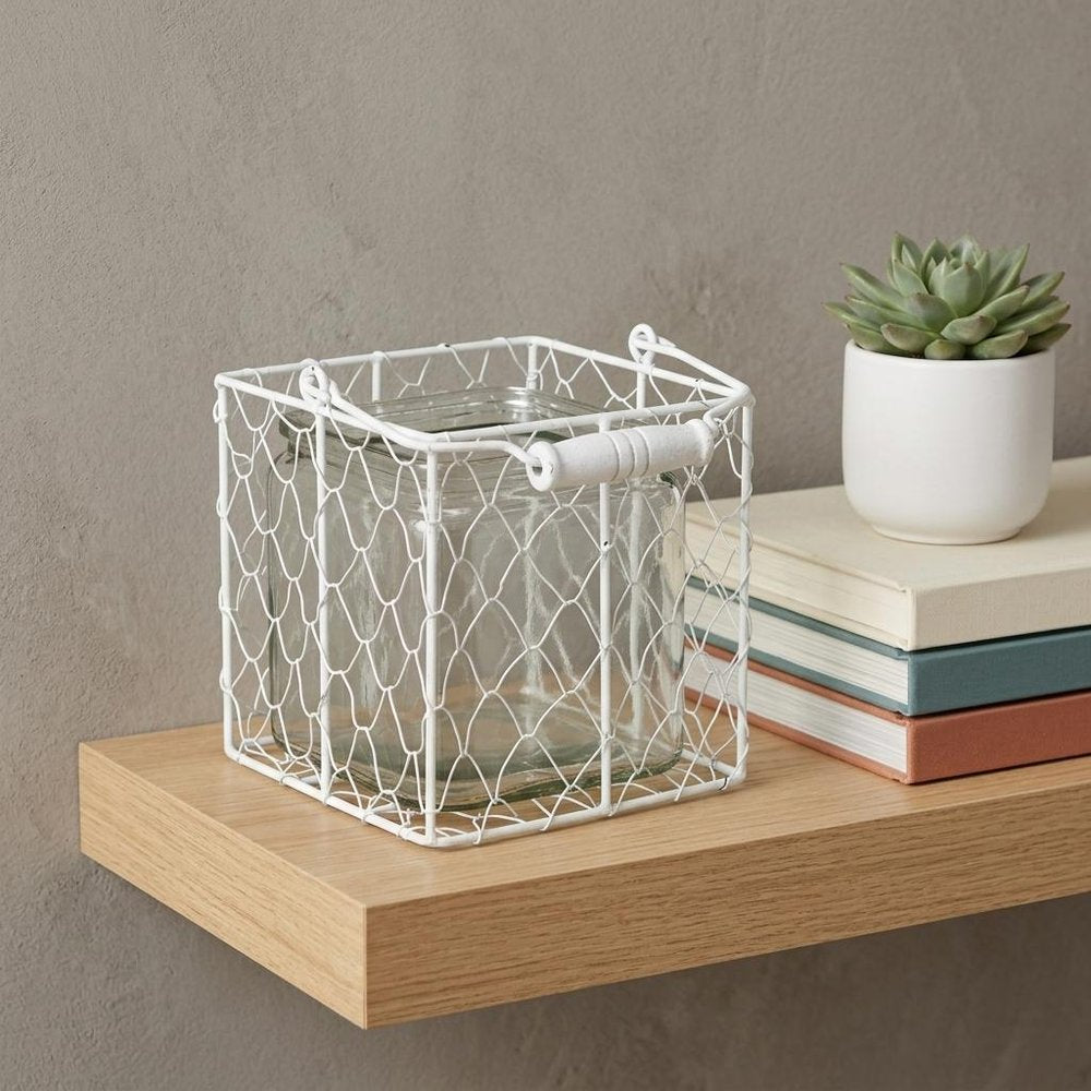 5.5" White and Clear Wire Basket Glass Jar HomeRoots