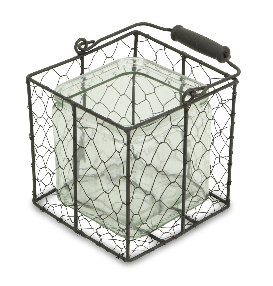 6" Clear and Brown Glass and Metal Lattice Tabletop Lantern Candle Holder — view 3