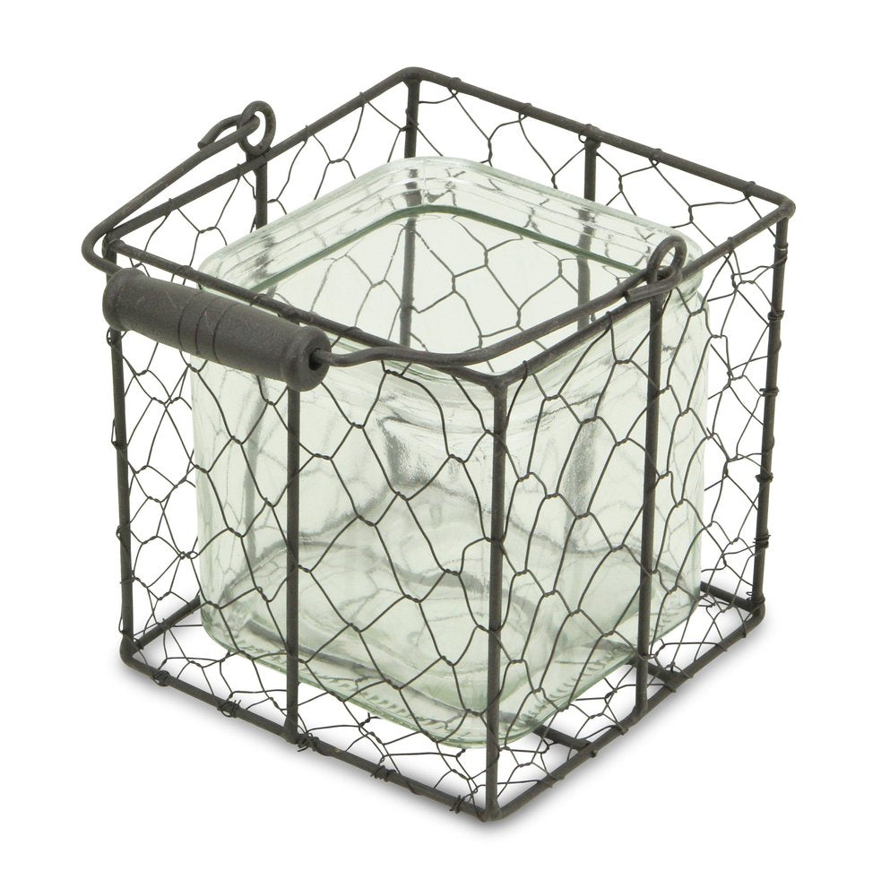 6" Clear and Brown Glass and Metal Lattice Tabletop Lantern Candle Holder — view 4
