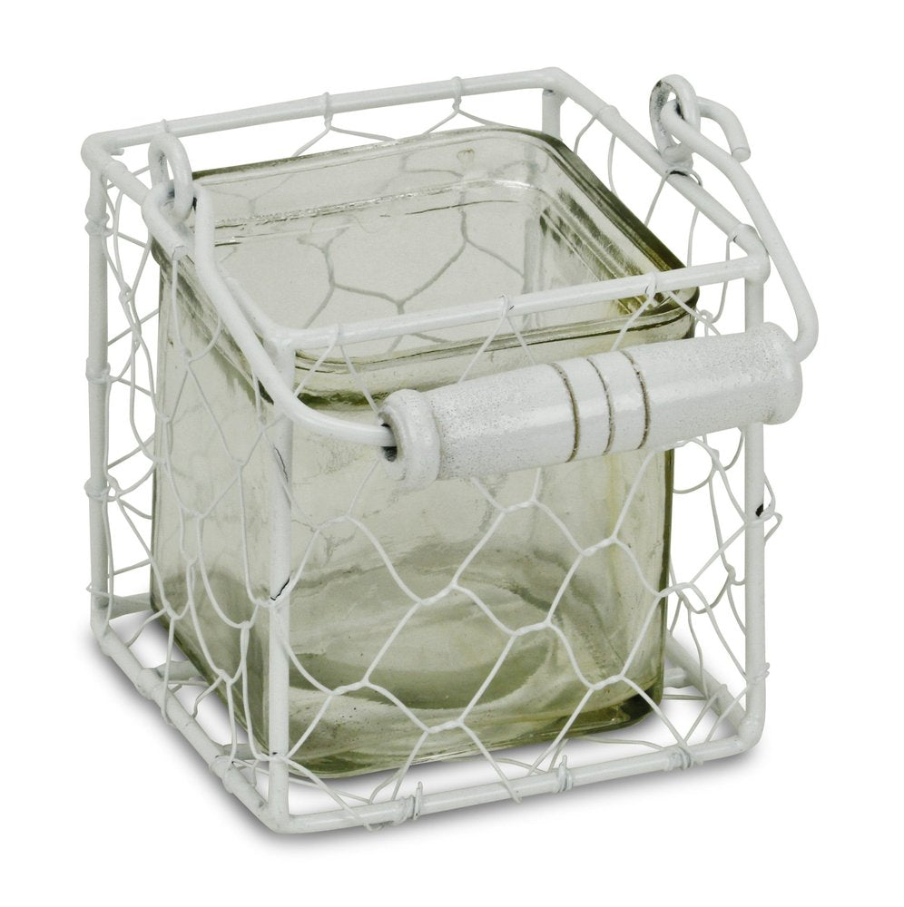 4" White Glass and Metal Lattice Tabletop Lantern Candle Holder HomeRoots