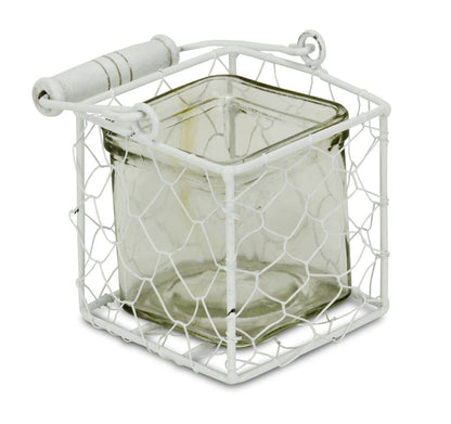 4" White Glass and Metal Lattice Tabletop Lantern Candle Holder HomeRoots
