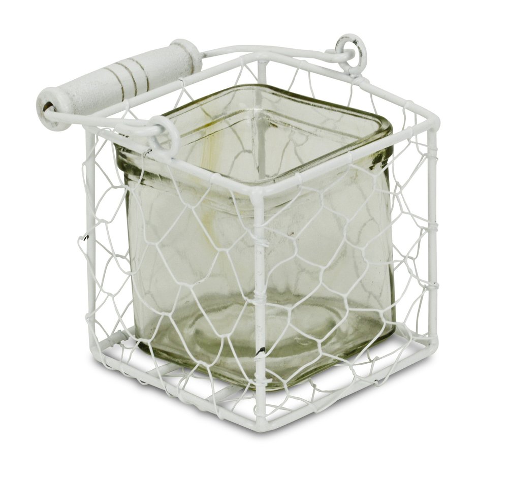4" White Glass and Metal Lattice Tabletop Lantern Candle Holder — view 2