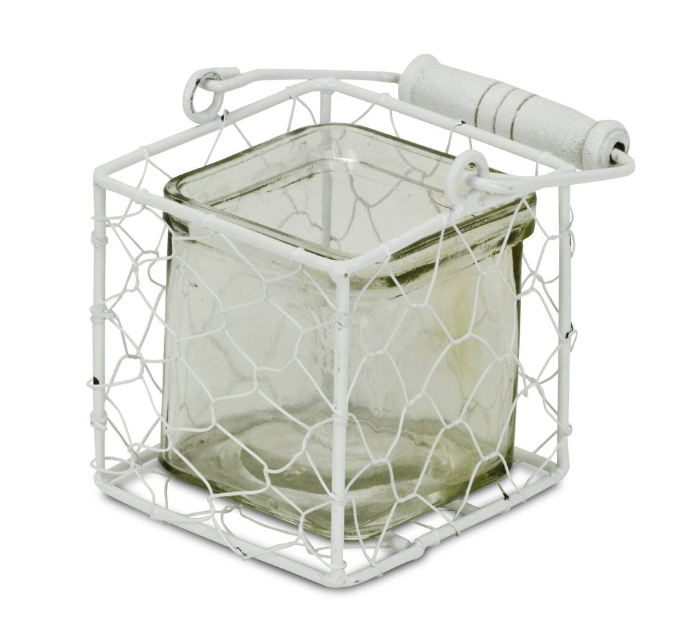 4" White Glass and Metal Lattice Tabletop Lantern Candle Holder — view 3