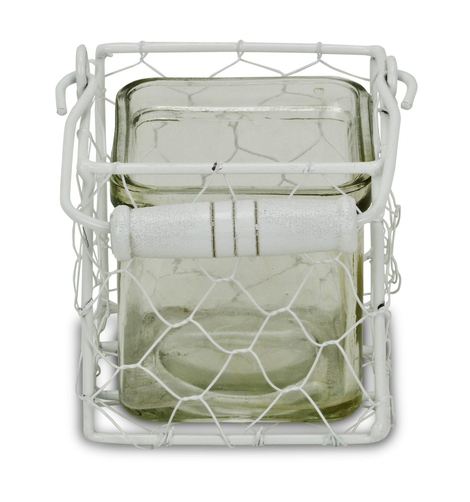 4" White Glass and Metal Lattice Tabletop Lantern Candle Holder — view 4