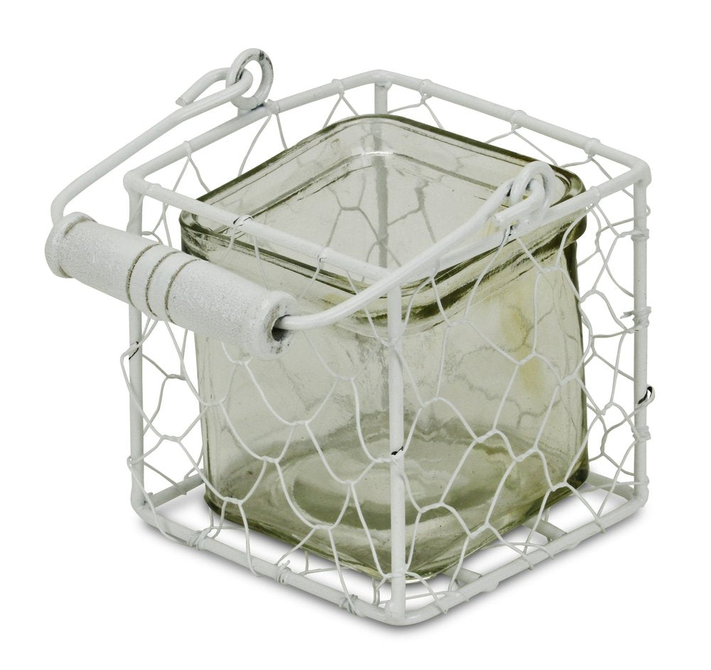 4" White Glass and Metal Lattice Tabletop Lantern Candle Holder — view 5