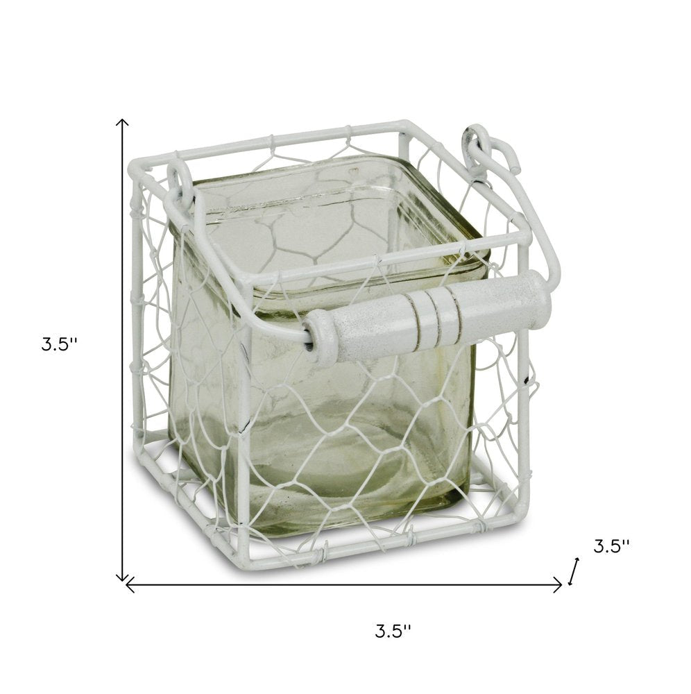 4" White Glass and Metal Lattice Tabletop Lantern Candle Holder — view 6