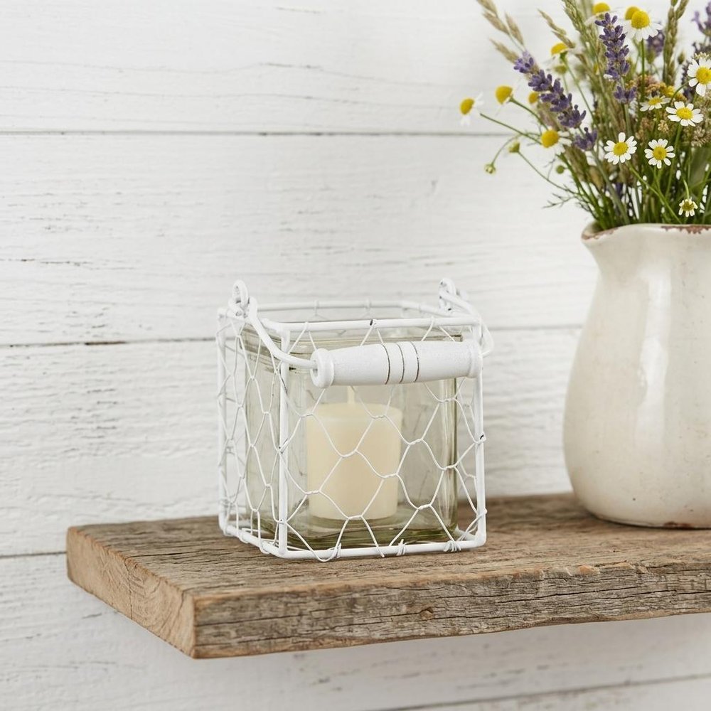 4" White Glass and Metal Lattice Tabletop Lantern Candle Holder — view 7