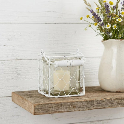4" White Glass and Metal Lattice Tabletop Lantern Candle Holder HomeRoots