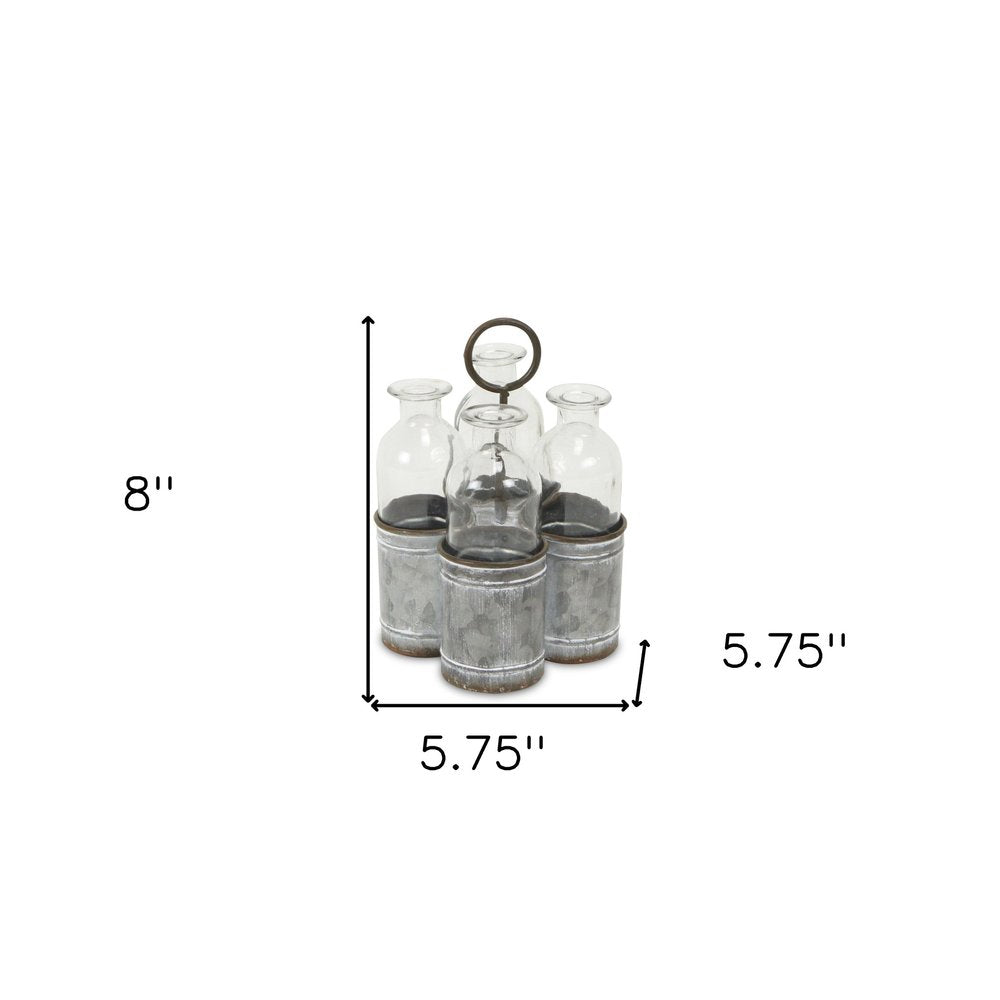Set of Four Clear Galvanized Metal And Glass Decorative Bottle HomeRoots