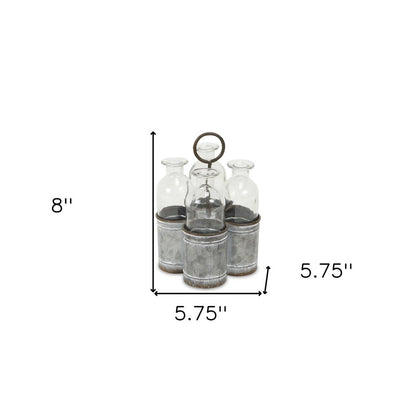 Set of Four Clear Galvanized Metal And Glass Decorative Bottle HomeRoots