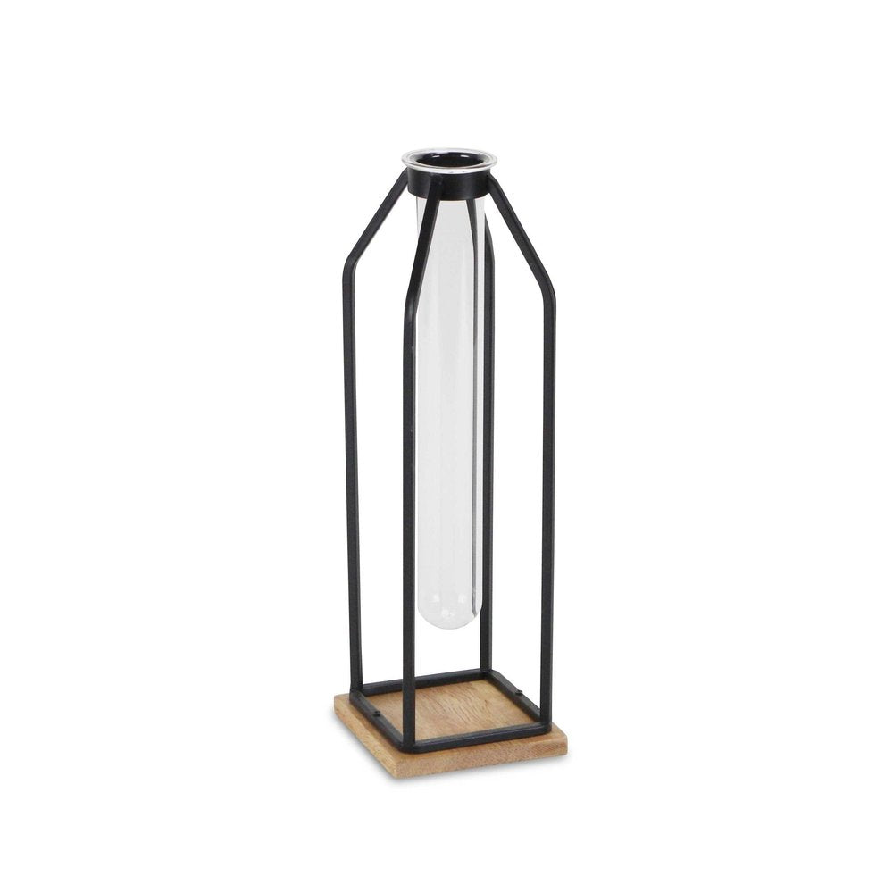 12" Black Clear And Natural Metal Glass And Wood Posy Test Tube Table Vase HomeRoots
