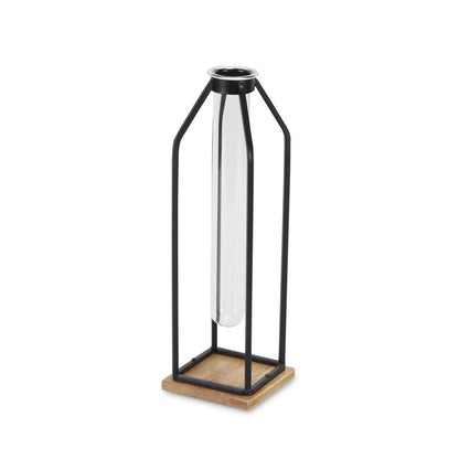 12" Black Clear And Natural Metal Glass And Wood Posy Test Tube Table Vase HomeRoots