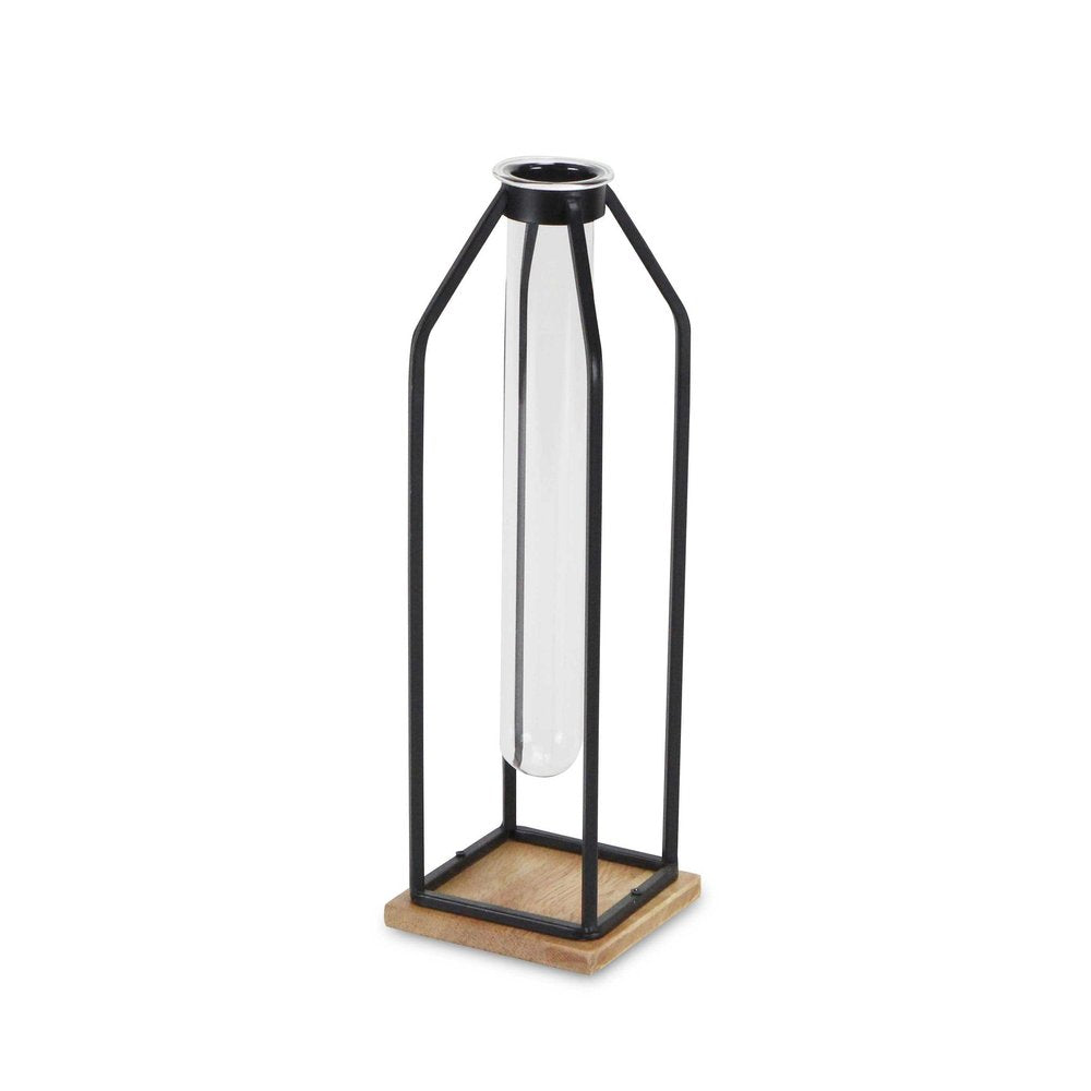 12" Black Clear And Natural Metal Glass And Wood Posy Test Tube Table Vase HomeRoots