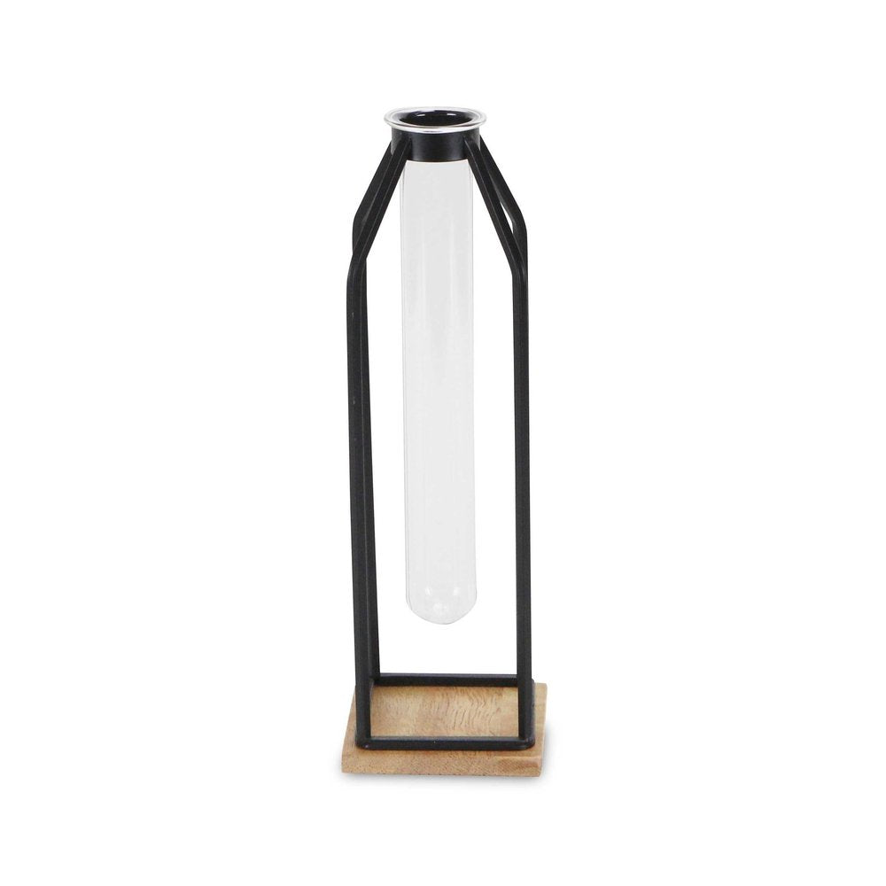 12" Black Clear And Natural Metal Glass And Wood Posy Test Tube Table Vase HomeRoots