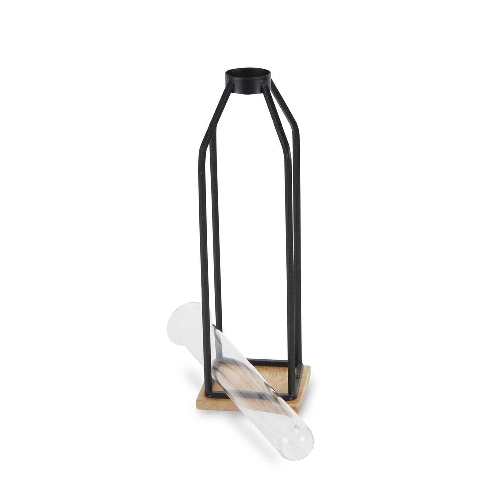 12" Black Clear And Natural Metal Glass And Wood Posy Test Tube Table Vase HomeRoots