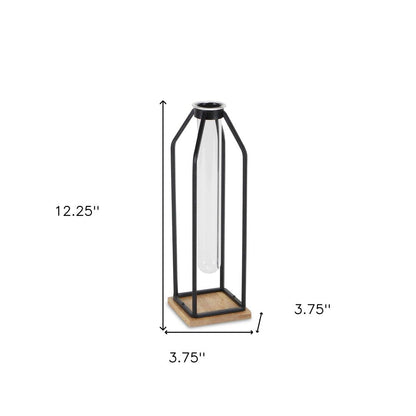 12" Black Clear And Natural Metal Glass And Wood Posy Test Tube Table Vase HomeRoots